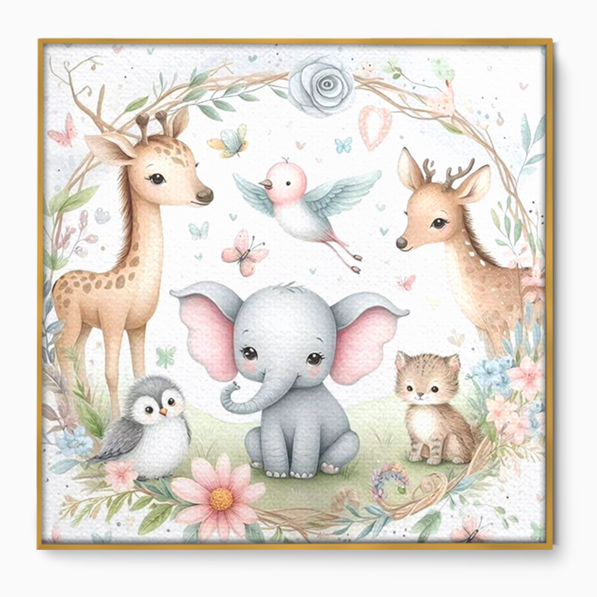 Tablou canvas cu tablou canvas cu animale si flori, in rama de aluminiu auriu